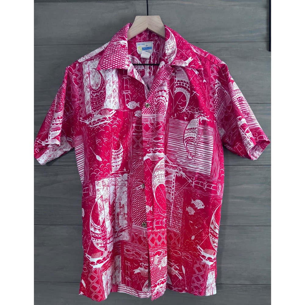 Vintage Andrade Hawaiian Shirt Mens Medium Red Fish Retro 60s/70s Button Down